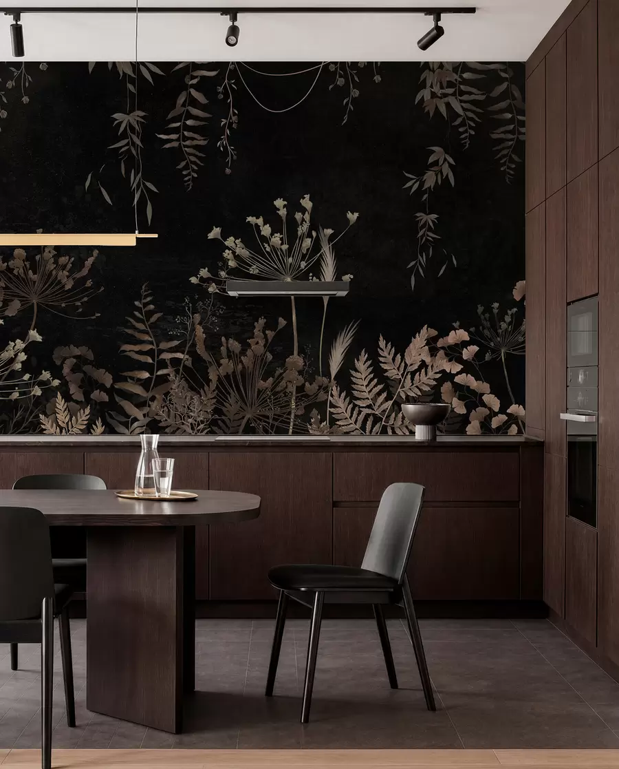 Papier peint Motif botanique sombre avec des fleurs et des feuilles w05092