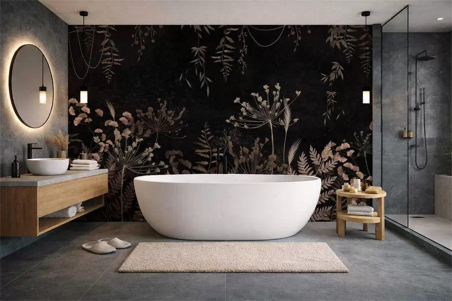 Papier peint Motif botanique sombre avec des fleurs et des feuilles w05092