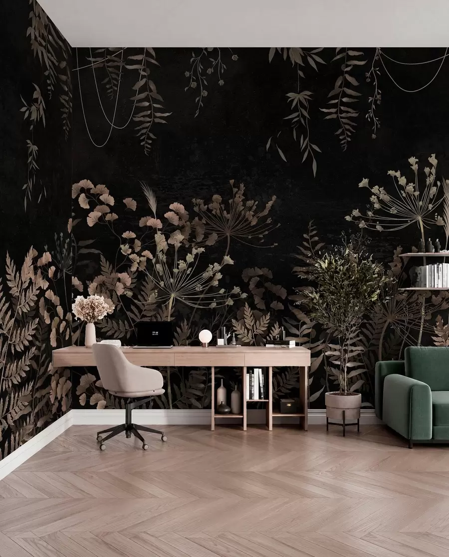 Papier peint Motif botanique sombre avec des fleurs et des feuilles w05092
