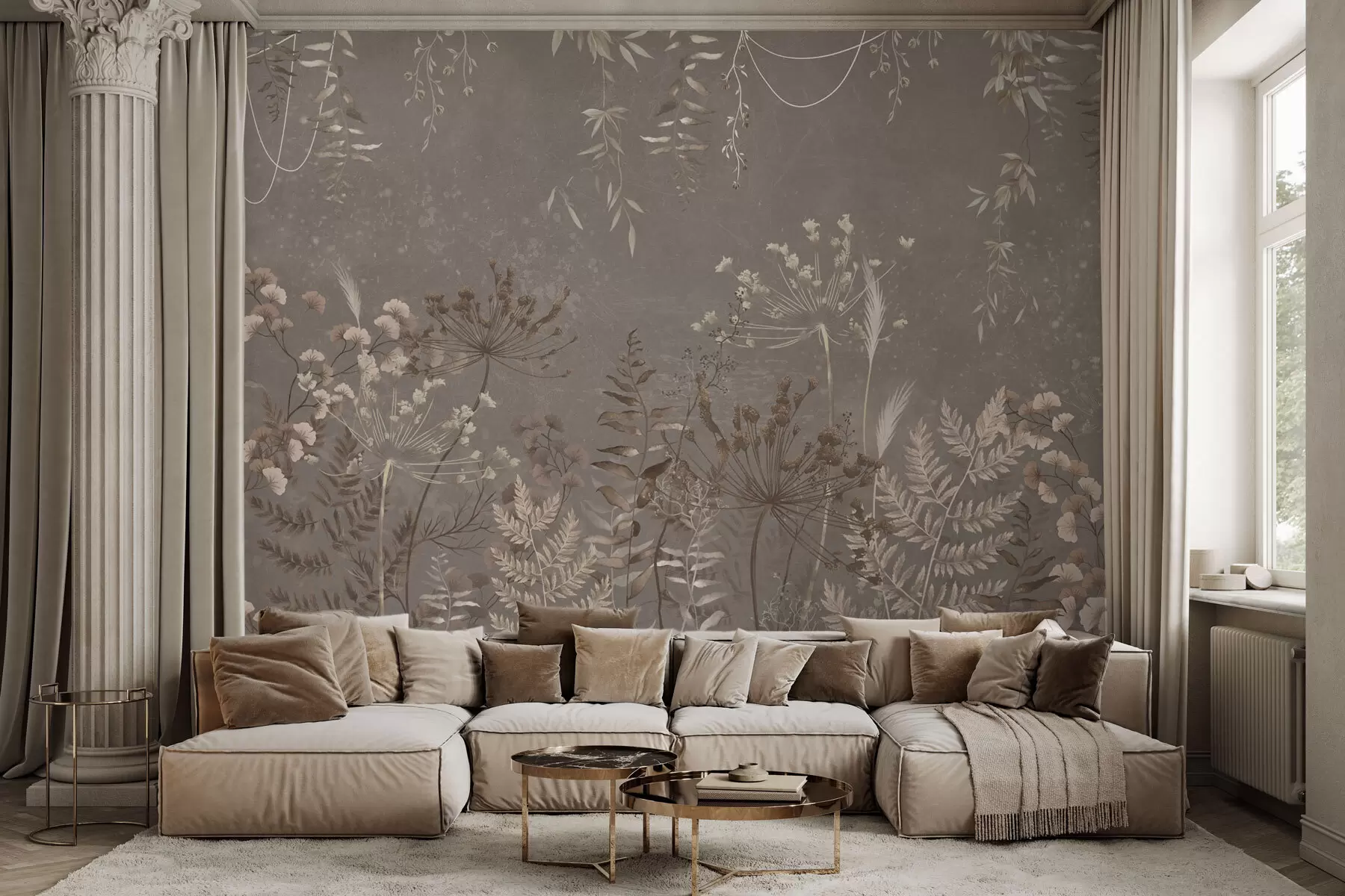 Papier peint Motif botanique léger avec des fleurs et des feuilles w05092v1