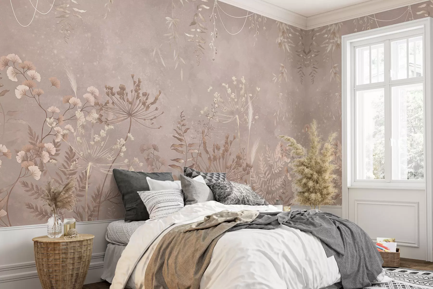 Papier peint Motif botanique beige clair avec des fleurs sauvages w05092v2