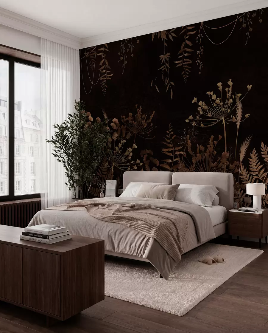 Papier peint Motif botanique sombre avec des fleurs et des herbes w05092v3