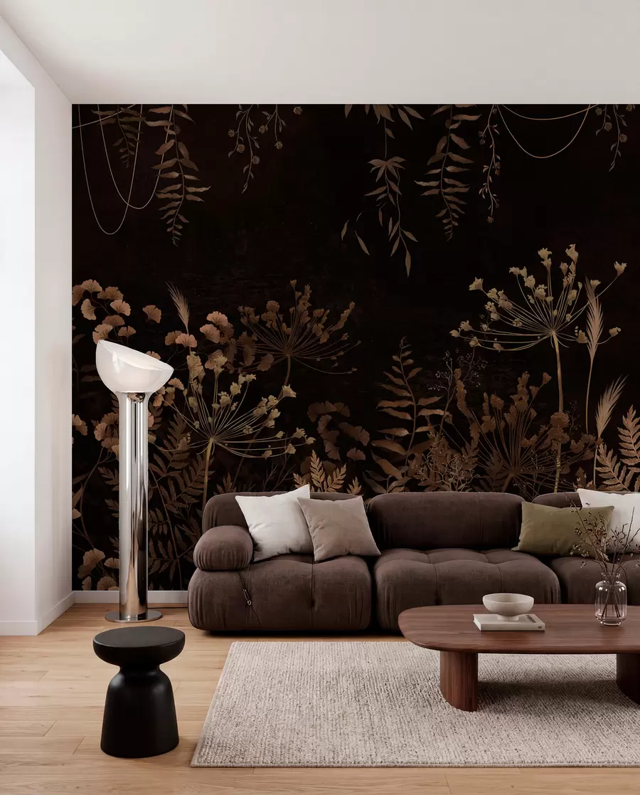 Papier peint Motif botanique sombre avec des fleurs et des herbes w05092v3