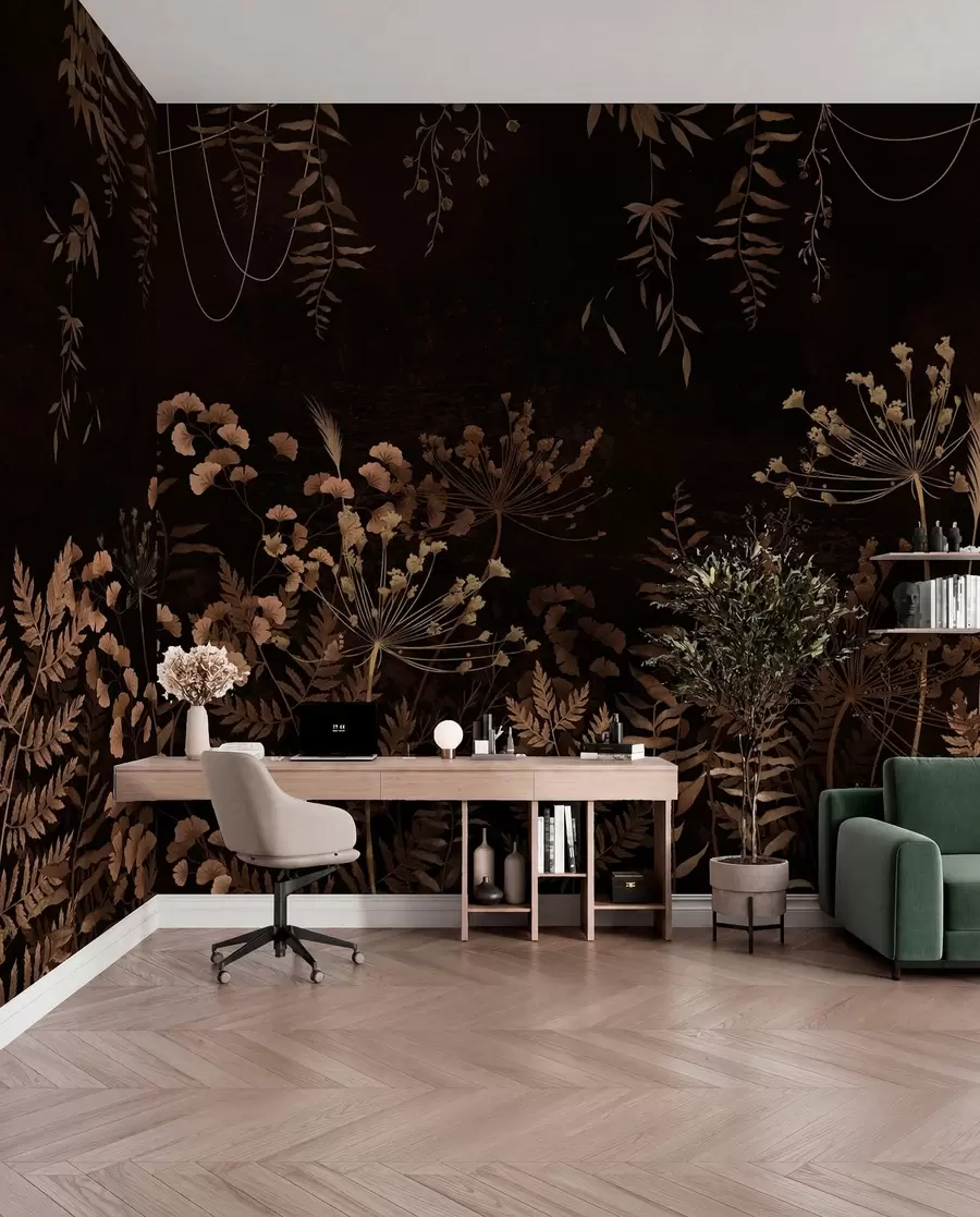 Papier peint Motif botanique sombre avec des fleurs et des herbes w05092v3