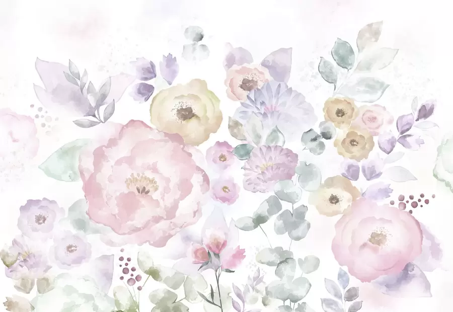 Papier peint Composition douce à l'aquarelle avec des fleurs et des feuilles w05093