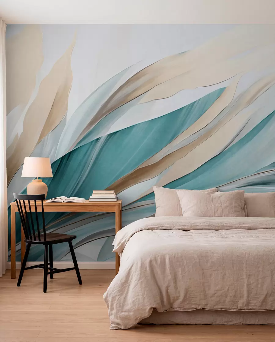 Papier peint Vagues abstraites fluides bleu sarcelle et jaunes, avec des formes et des lignes fines, sur fond blanc, art texturé w09585