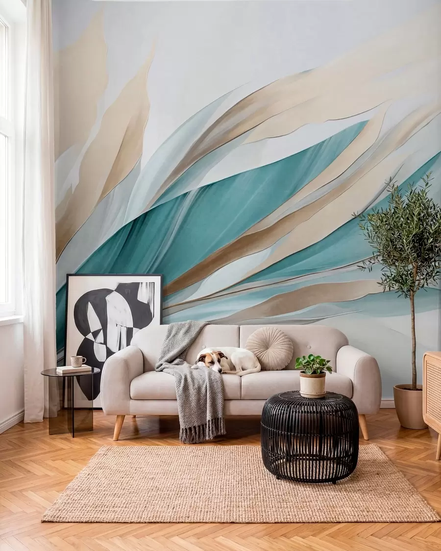 Papier peint Vagues abstraites fluides bleu sarcelle et jaunes, avec des formes et des lignes fines, sur fond blanc, art texturé w09585