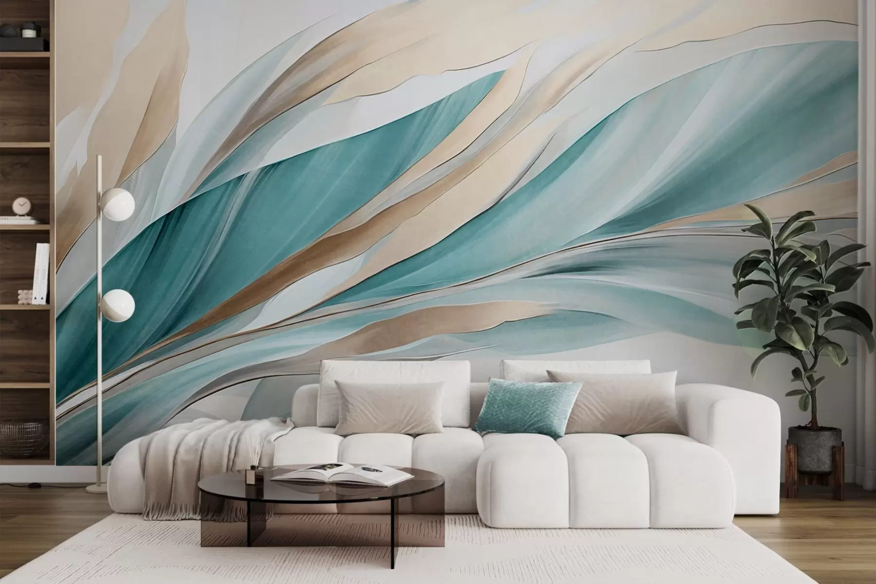 Papier peint Vagues abstraites fluides bleu sarcelle et jaunes, avec des formes et des lignes fines, sur fond blanc, art texturé w09585