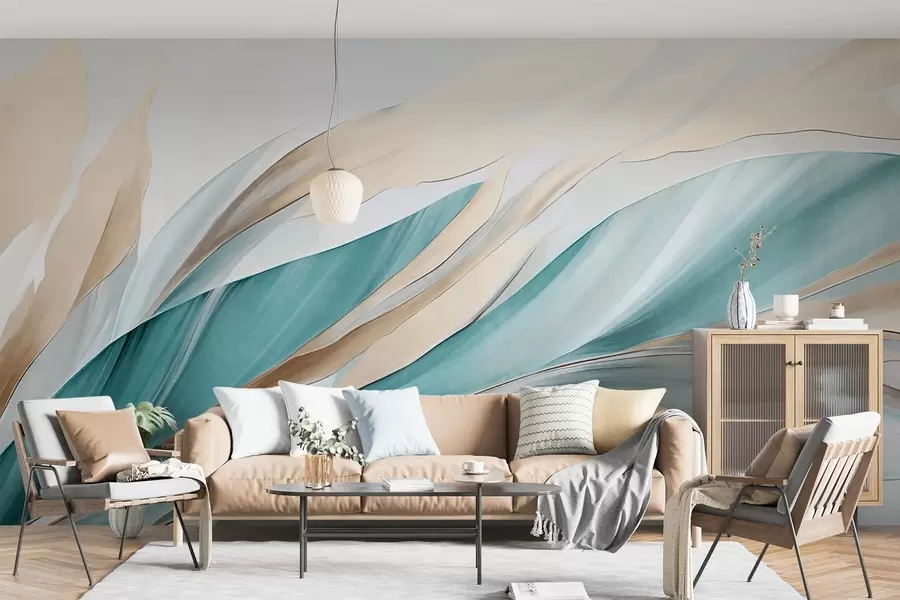 Papier peint Vagues abstraites fluides bleu sarcelle et jaunes, avec des formes et des lignes fines, sur fond blanc, art texturé w09585