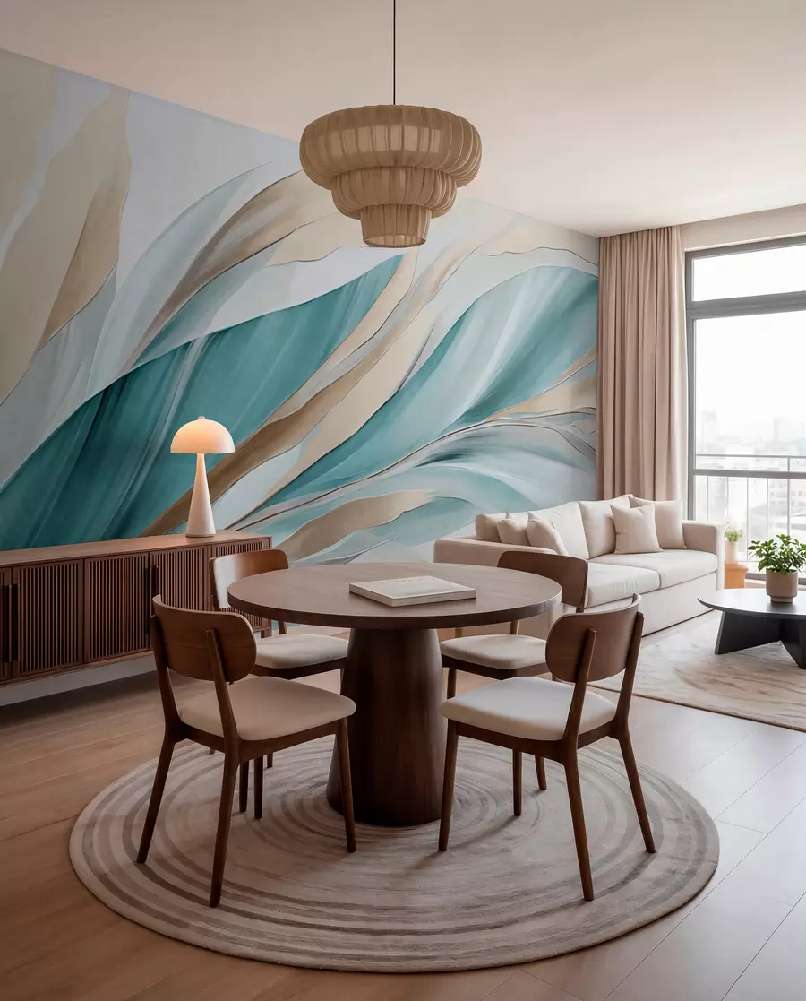 Papier peint Vagues abstraites fluides bleu sarcelle et jaunes, avec des formes et des lignes fines, sur fond blanc, art texturé w09585