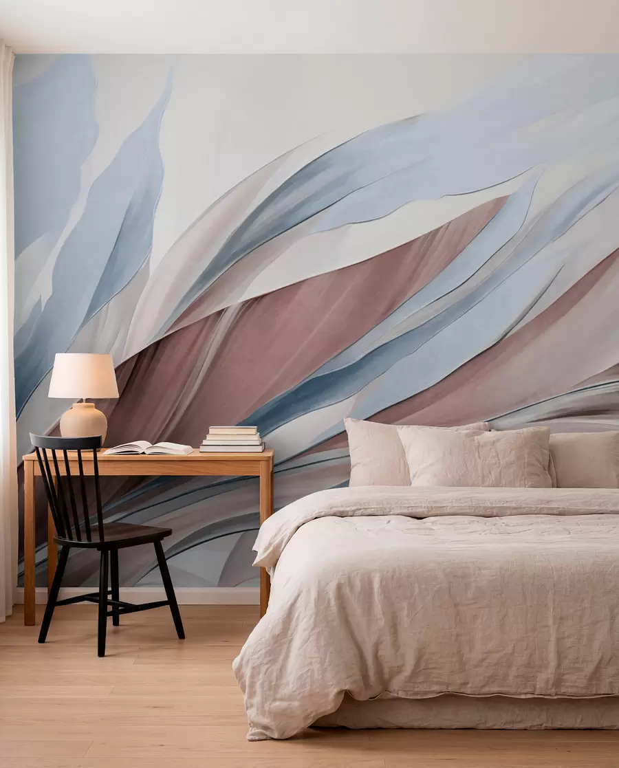 Papier peint Vagues abstraites bleues et brunes, avec des formes et des lignes fines, sur fond blanc, art texturé w09585v1