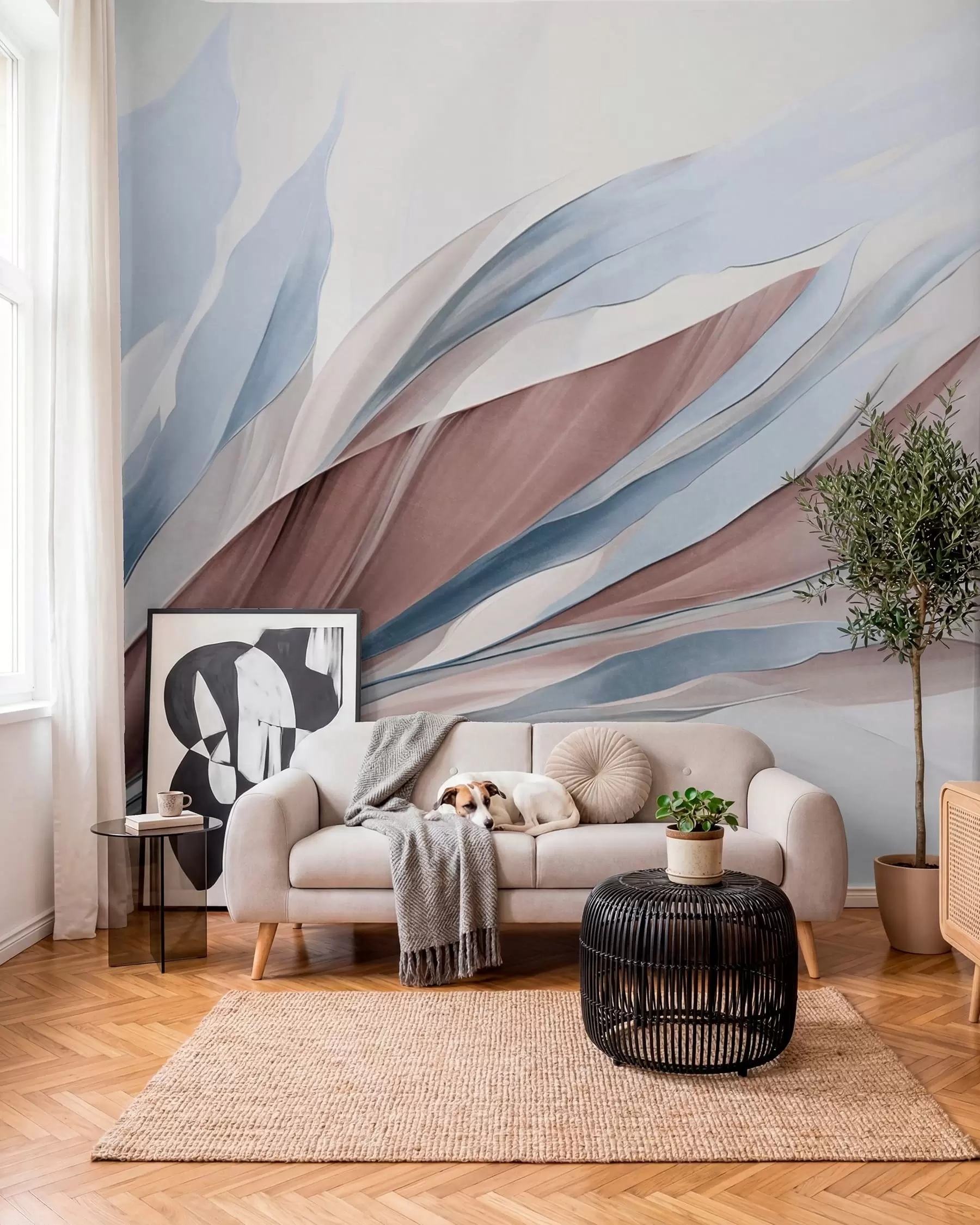Papier peint Vagues abstraites bleues et brunes, avec des formes et des lignes fines, sur fond blanc, art texturé w09585v1