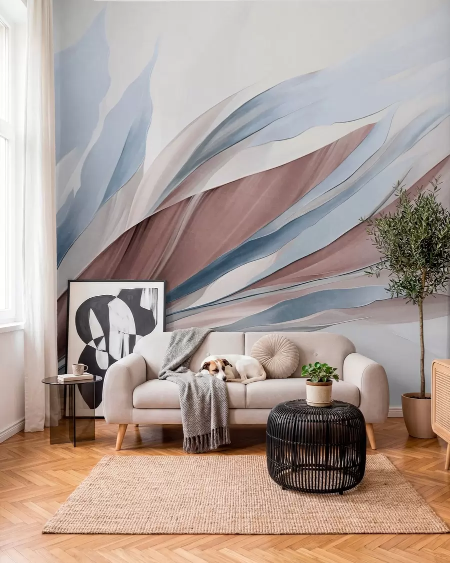 Papier peint Vagues abstraites bleues et brunes, avec des formes et des lignes fines, sur fond blanc, art texturé w09585v1