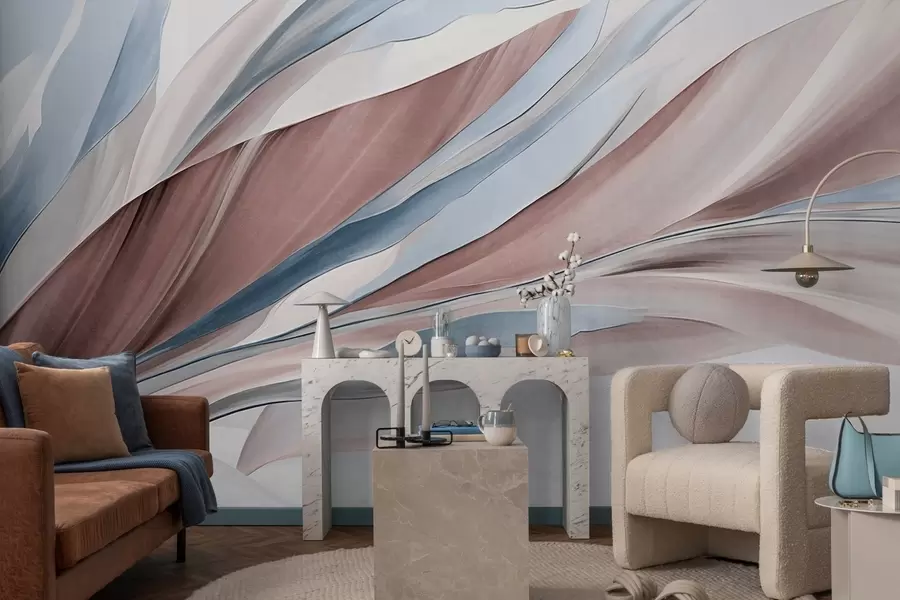 Papier peint Vagues abstraites bleues et brunes, avec des formes et des lignes fines, sur fond blanc, art texturé w09585v1