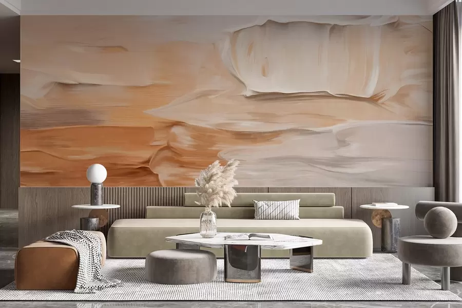 Papier peint Imitation de coups de pinceau abstraits texturés dans des tons chauds et terreux de beige, crème et marron, art moderne w09588