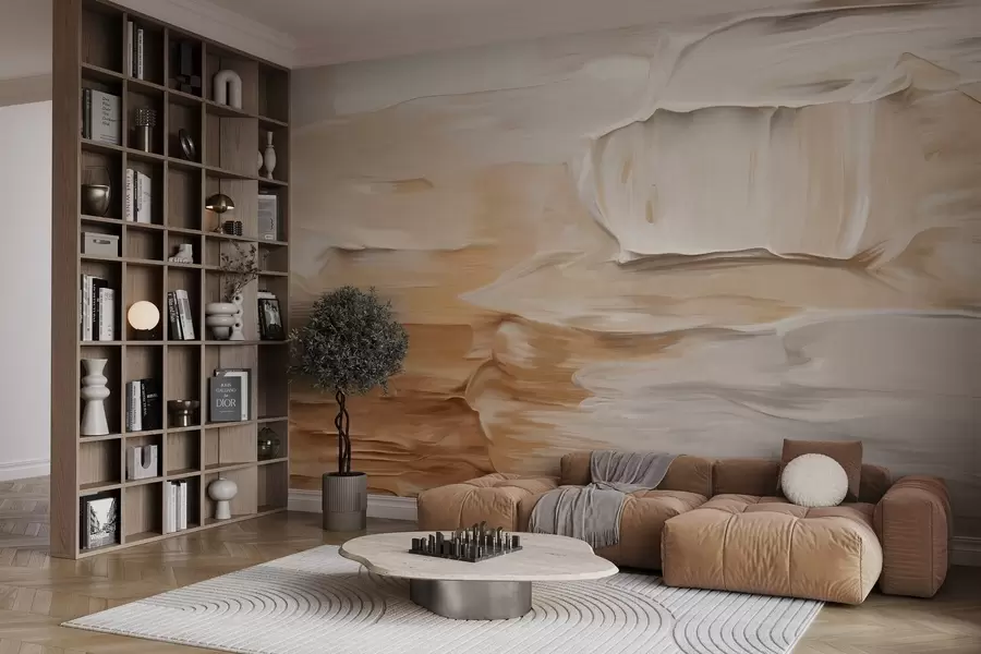 Papier peint Imitation de coups de pinceau abstraits texturés dans des tons chauds et terreux de beige, crème et marron, art moderne w09588