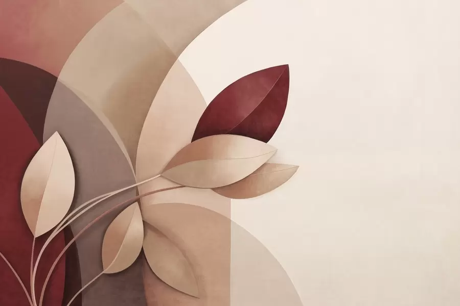 Papier peint Branche abstraite texturée avec des feuilles dans les tons marron, beige et rouge, sur un fond de formes abstraites. w09618