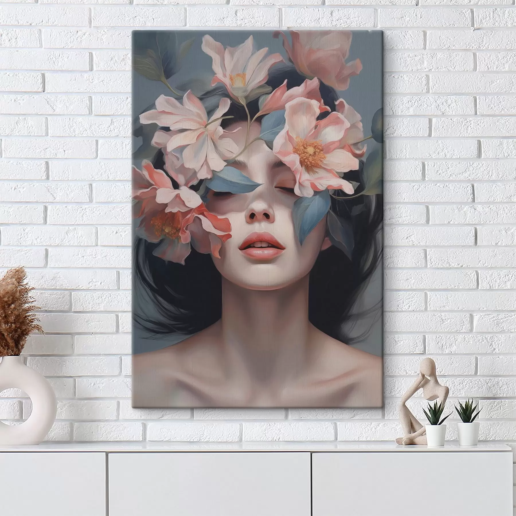 Tableau Portrait féminin abstrait avec des fleurs s47488