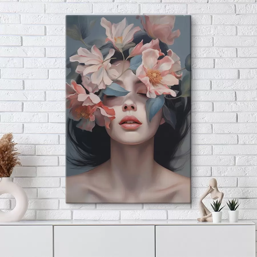 Tableau Portrait féminin abstrait avec des fleurs s47488