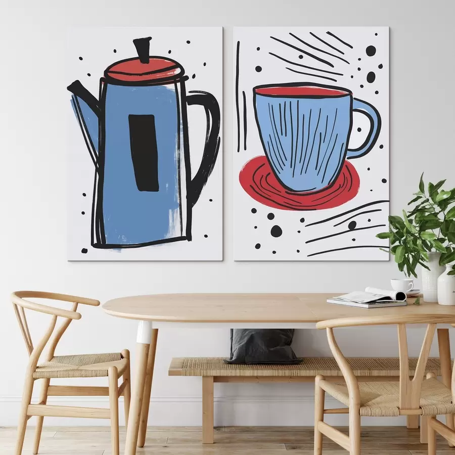 Tableau Cafetière et tasse imitant un dessin primitif m01225