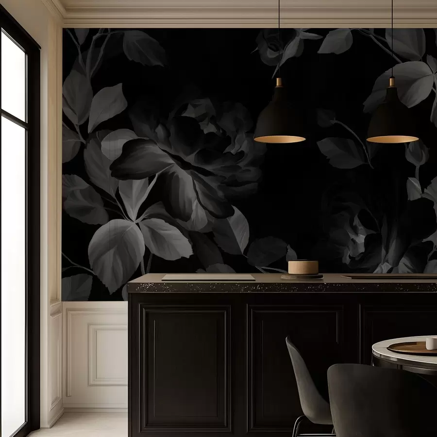 Papier peint roses pittoresques en noir et blanc dans le style de la peinture à l'huile  w04873v1