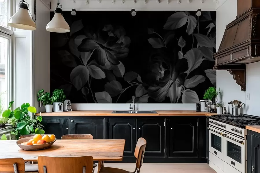 Papier peint roses pittoresques en noir et blanc dans le style de la peinture à l'huile  w04873v1