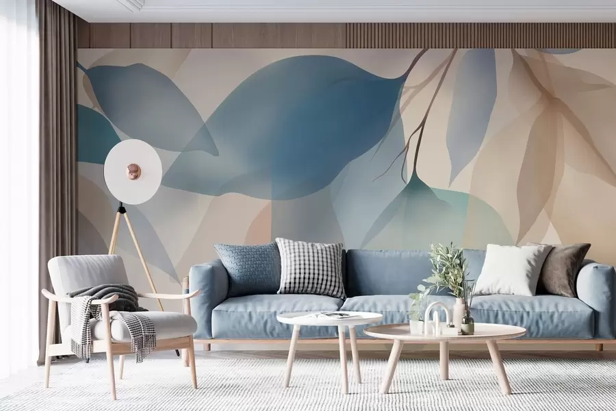 Papier peint feuilles élégantes semi-transparentes dans des tons de bleu et de beige w05060