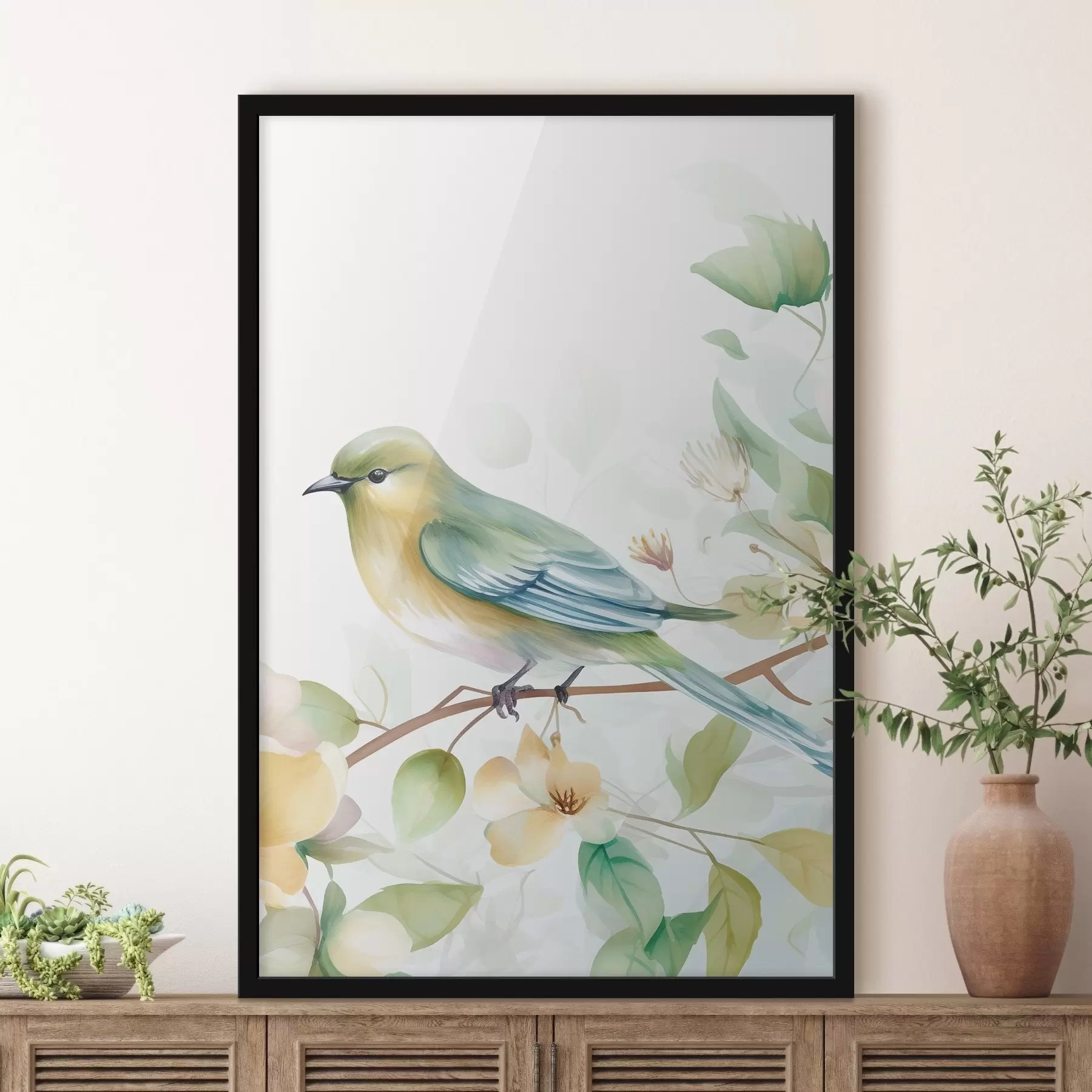 Papier peint Mésange sur une branche, imitation aquarelle f46892