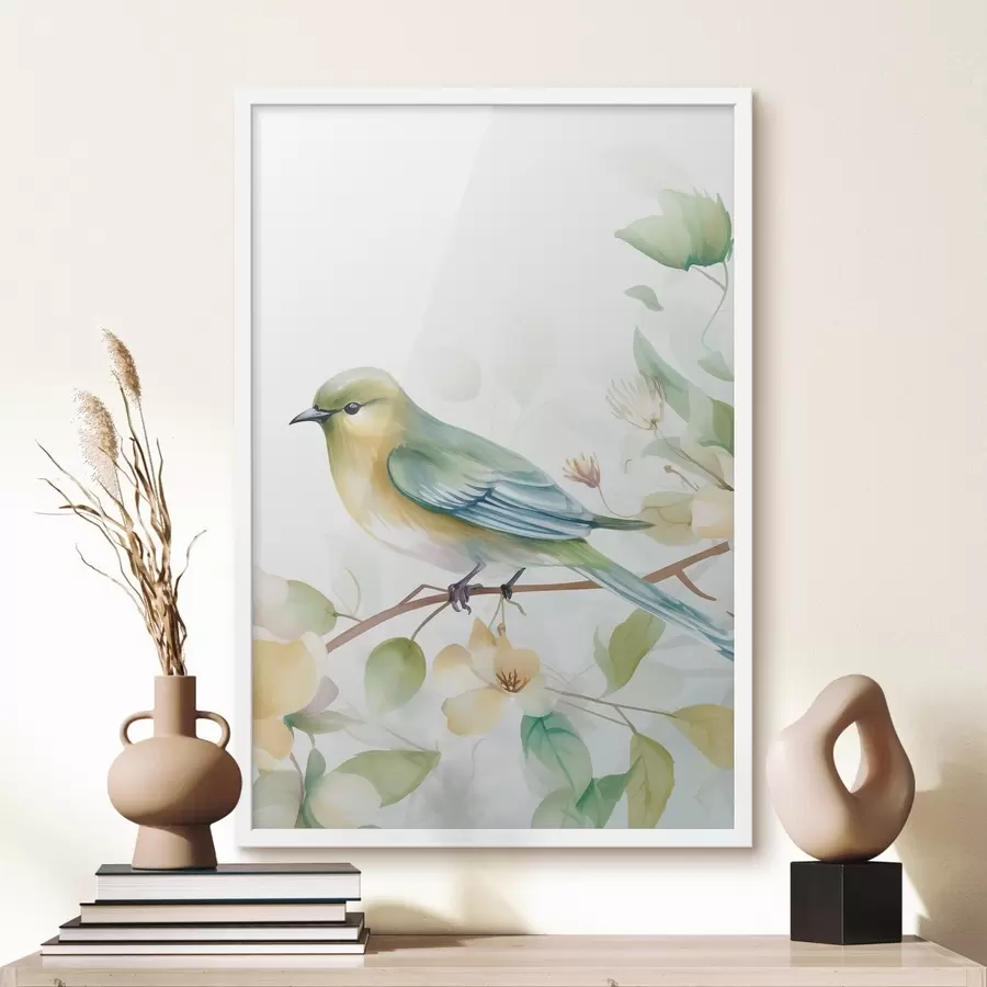 Papier peint Mésange sur une branche, imitation aquarelle f46892