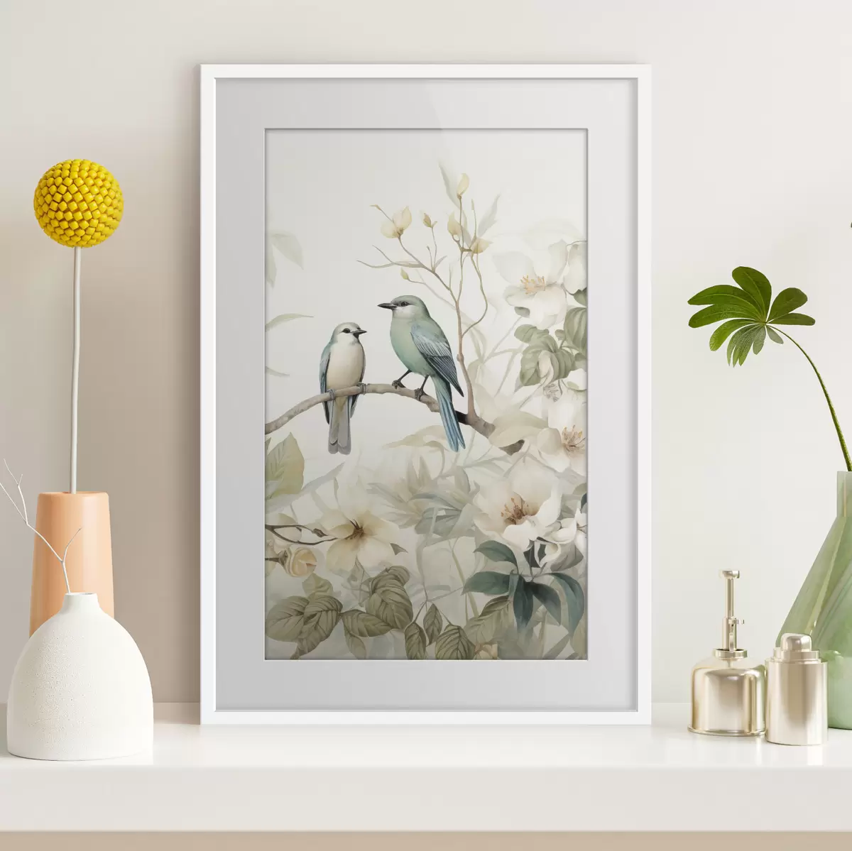 Poster Deux oiseaux sur des branches de jasmin f46896