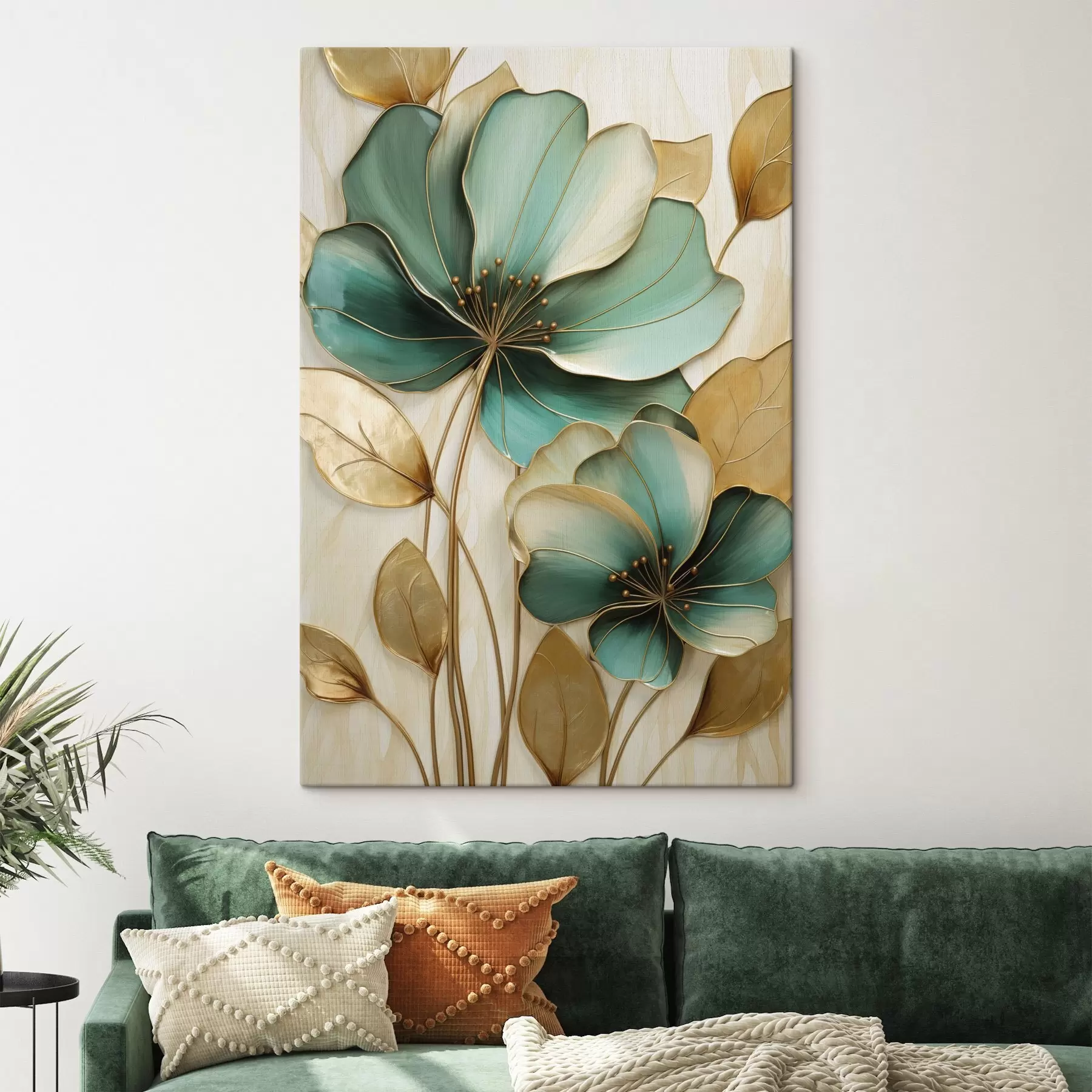 Tableau Grandes fleurs bleu sarcelle et jaunes avec contours, entourées de feuilles jaunes sur fond abstrait s47418