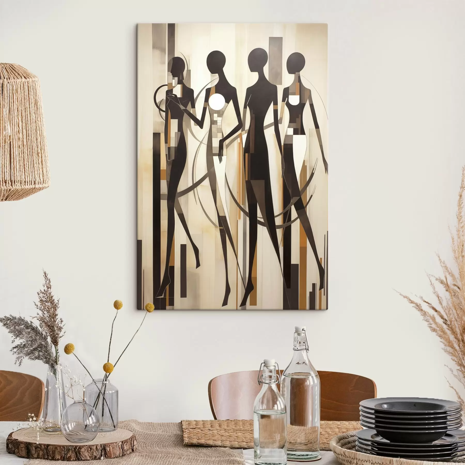Tableau Figures féminines stylisées avec des éléments géométriques sur un fond abstrait de lignes verticales s47423