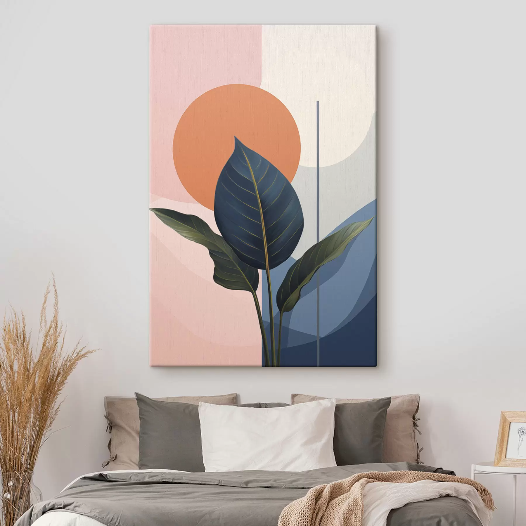 Tableau Feuilles sombres sur fond de formes abstraites dans les tons pêche et gris avec un cercle orange s47425