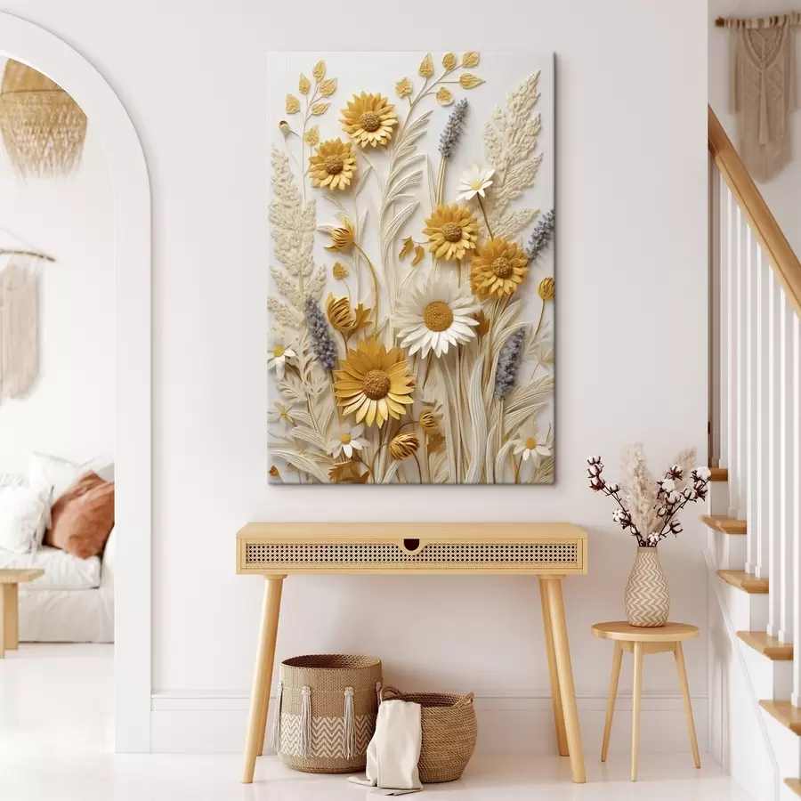 Tableau Une collection texturée de marguerites jaunes et blanches avec des herbes séchées et des brins de lavande sur fond blanc. s47430