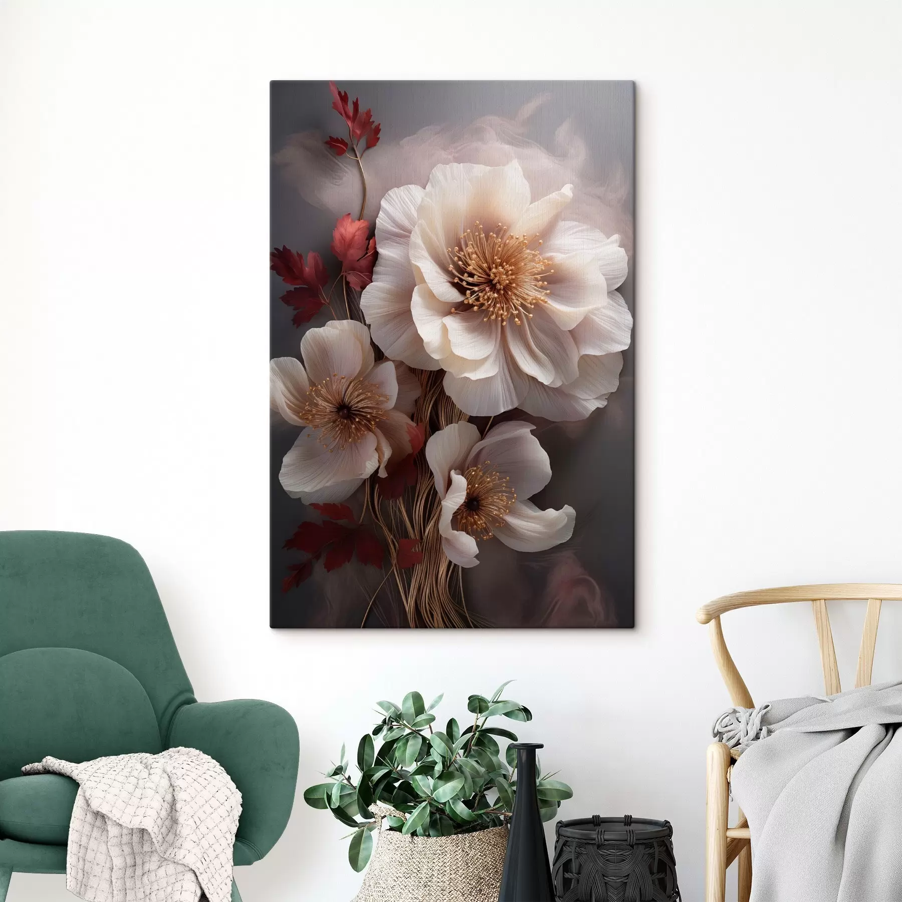 Tableau Pivoines délicates aux pétales fins et vaporeux, entourées de feuilles rouge foncé sur fond abstrait. s47434