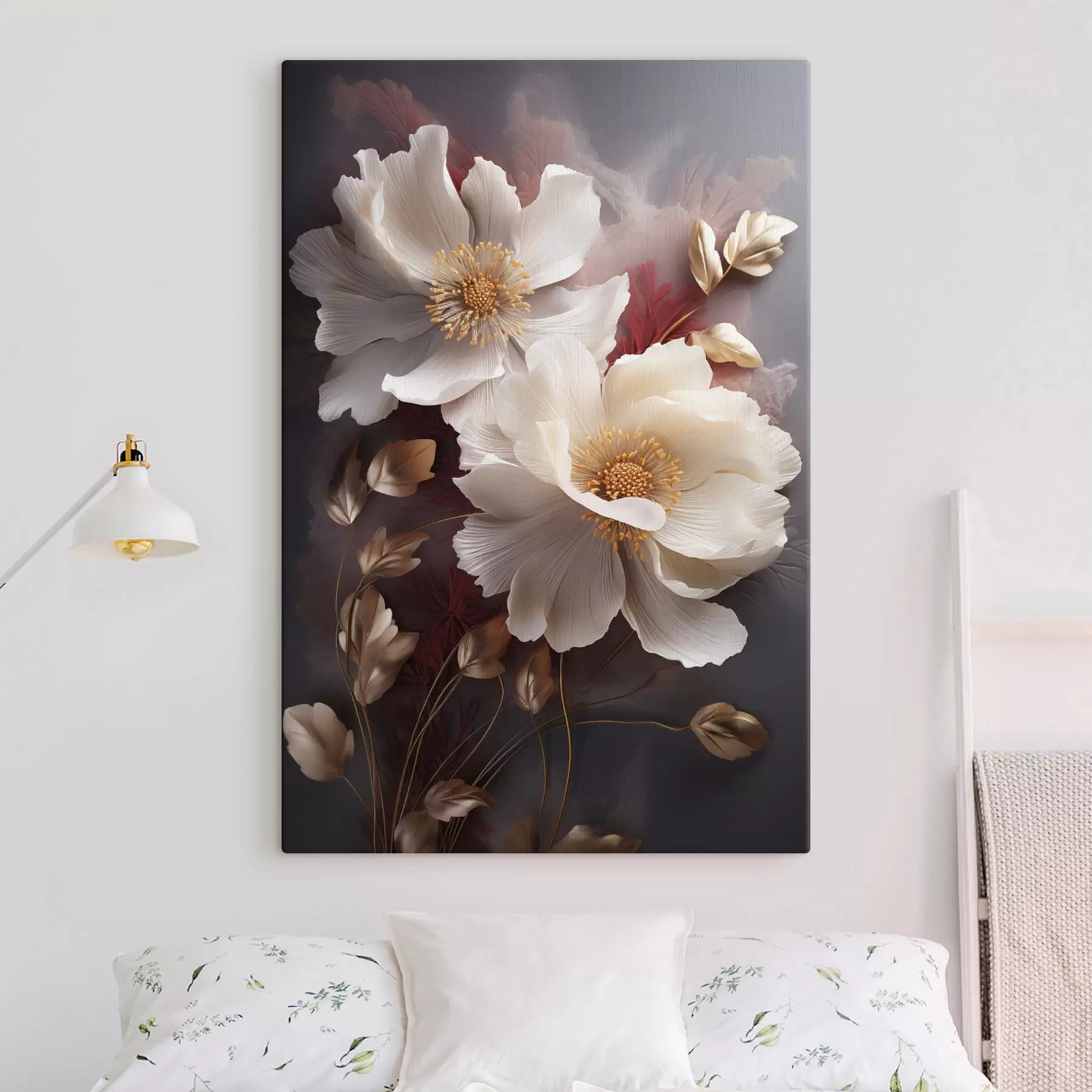 Tableau Pivoines délicates aux pétales fins et vaporeux, entourées de feuilles rouge foncé et jaunes sur fond abstrait. s47435