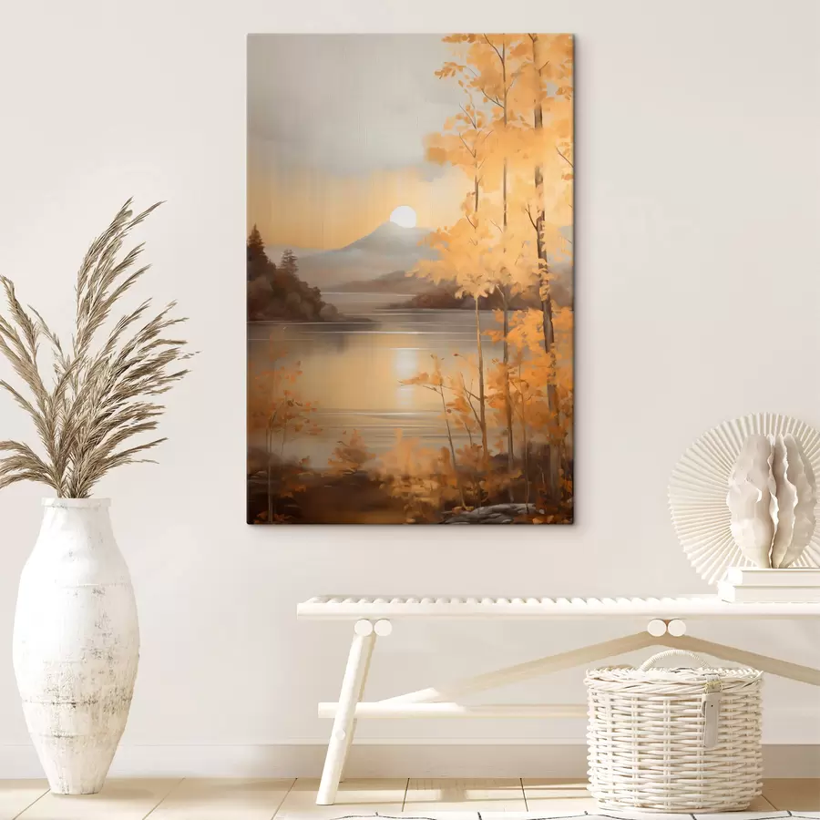 Tableau Des arbres aux feuilles orange, caractéristiques de l'automne, encadrent un lac paisible avec des montagnes lointaines sous un ciel nuageux. s47440