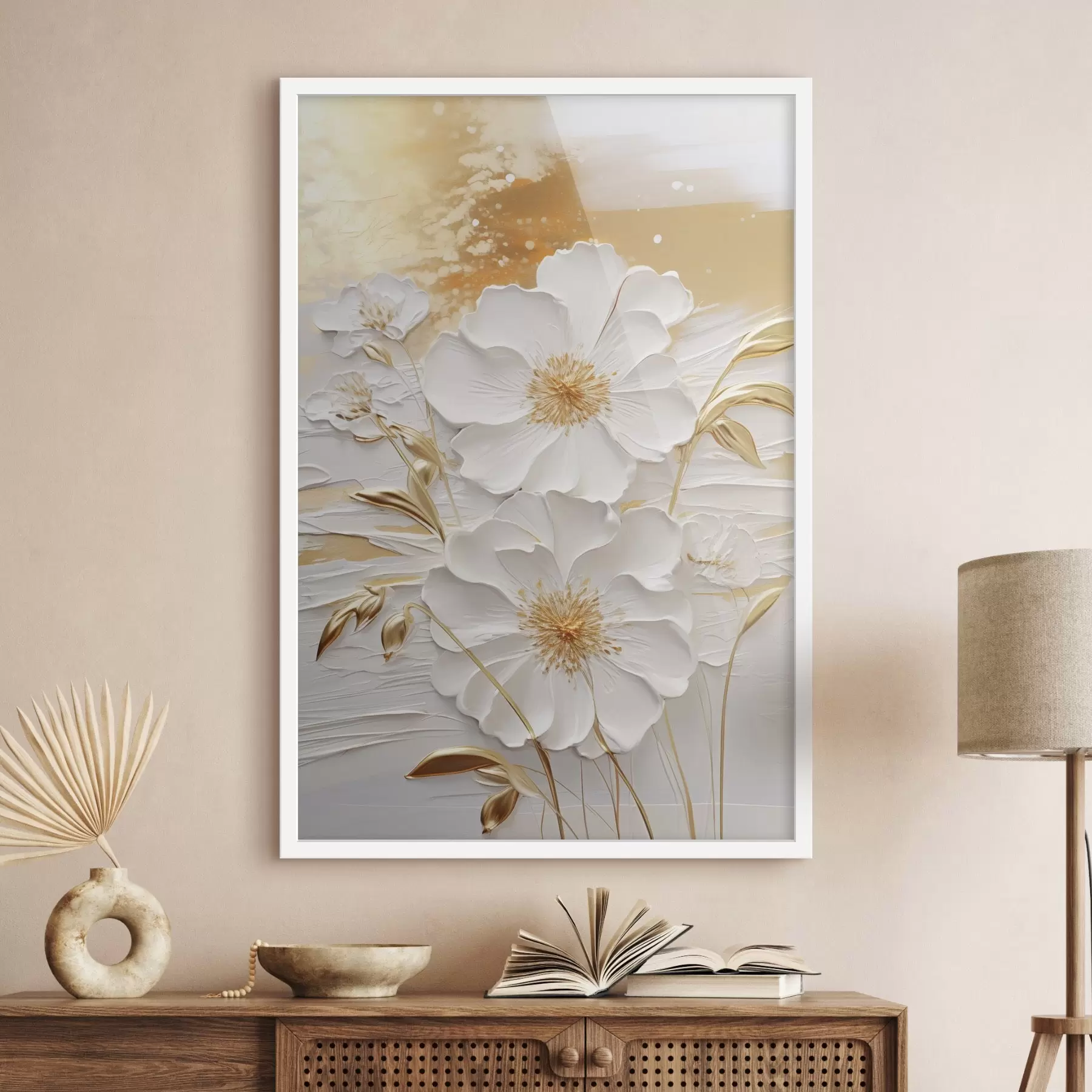 Papier peint Fleurs blanches rehaussées de touches jaunes et feuilles délicates sur fond texturé, art moderne f47415