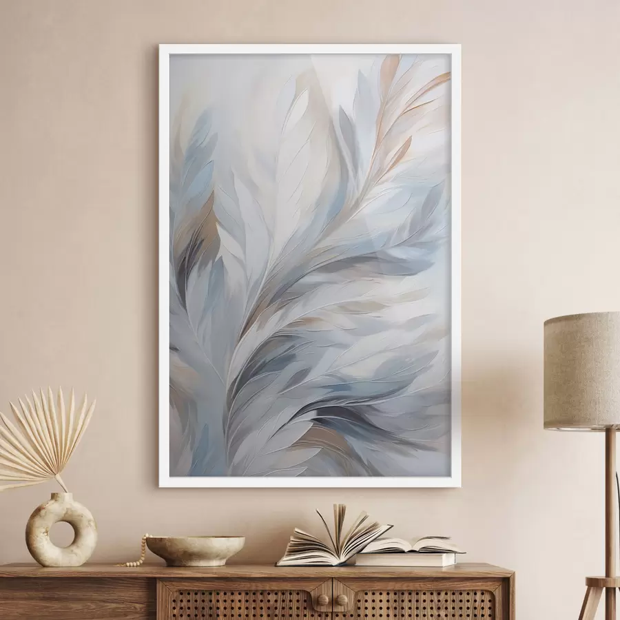 Papier peint Plumes délicates bleu clair et marron à la texture douce et éthérée, sur fond blanc. f47416
