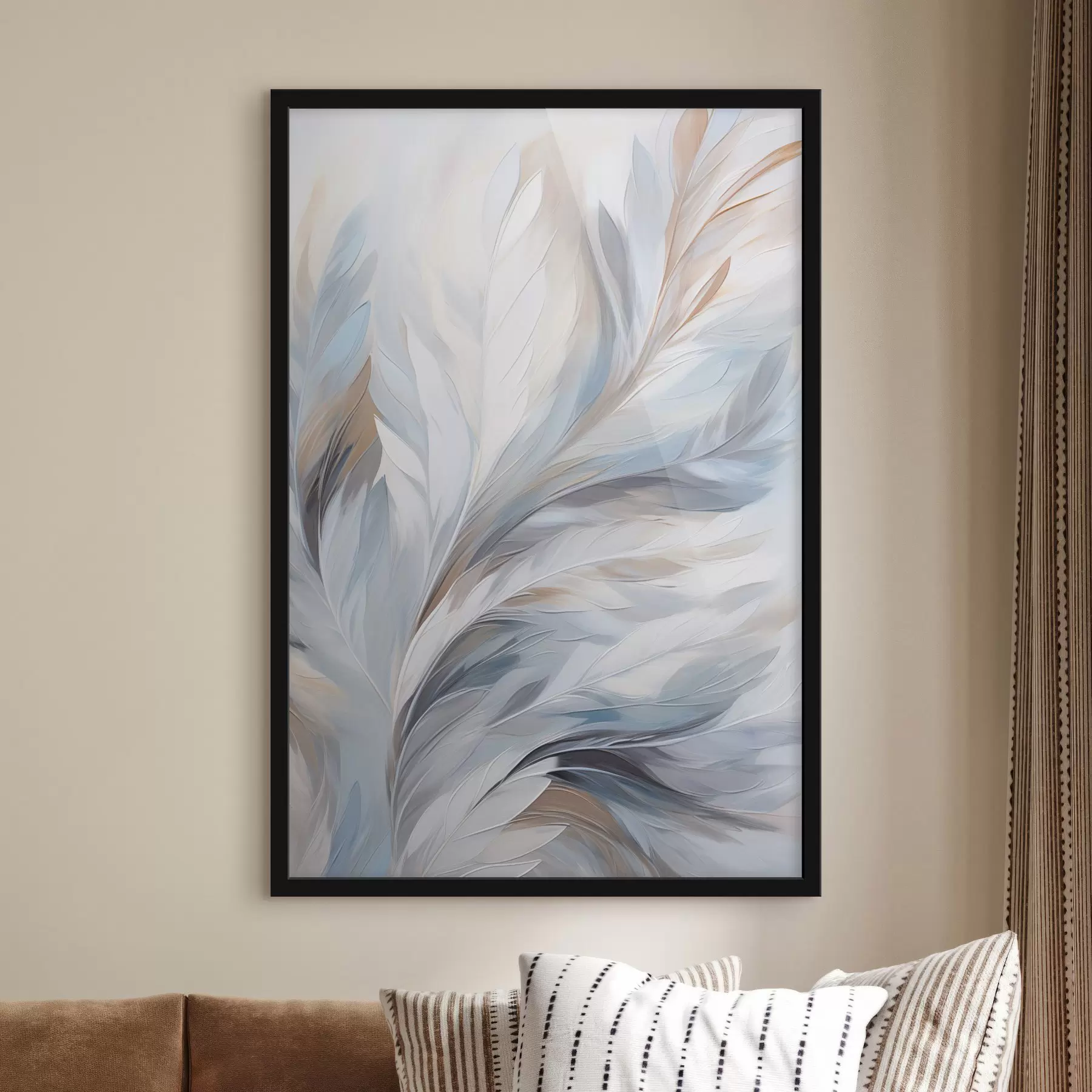 Papier peint Plumes délicates bleu clair et marron à la texture douce et éthérée, sur fond blanc. f47416