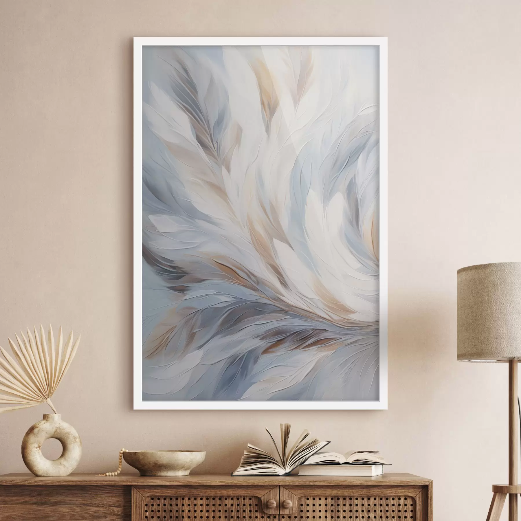 Papier peint Peinture abstraite représentant des plumes dans des tons blancs, bleus et bruns, avec une texture douce et fluide et un fond clair. f47417