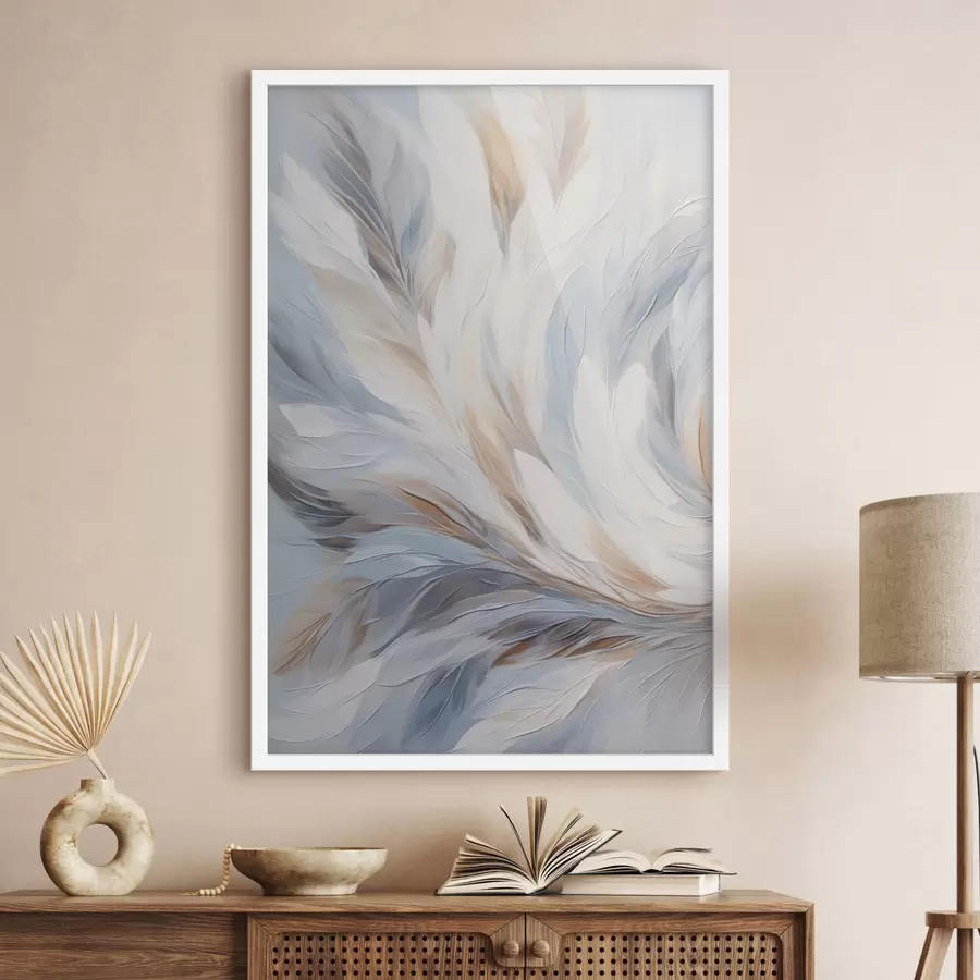 Papier peint Peinture abstraite représentant des plumes dans des tons blancs, bleus et bruns, avec une texture douce et fluide et un fond clair. f47417