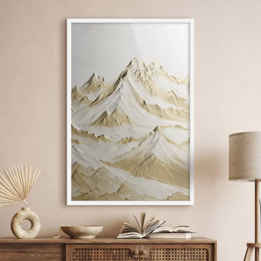 Papier peint Un paysage de montagnes jaunes enneigées aux pics acérés et aux vallées profondes sous un ciel clair. f47420