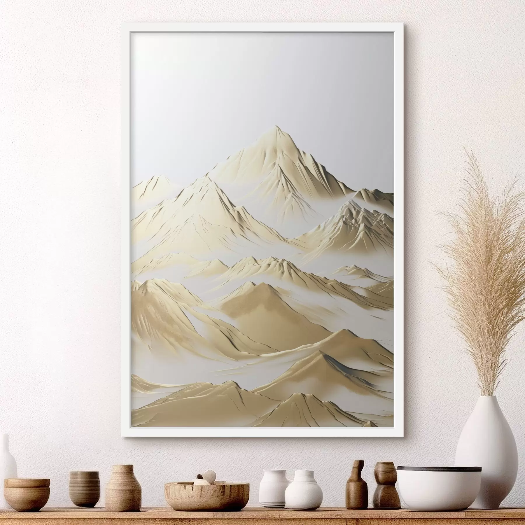 Papier peint Un paysage de montagnes jaunes enneigées aux pics acérés et aux vallées profondes sous un ciel clair. f47421