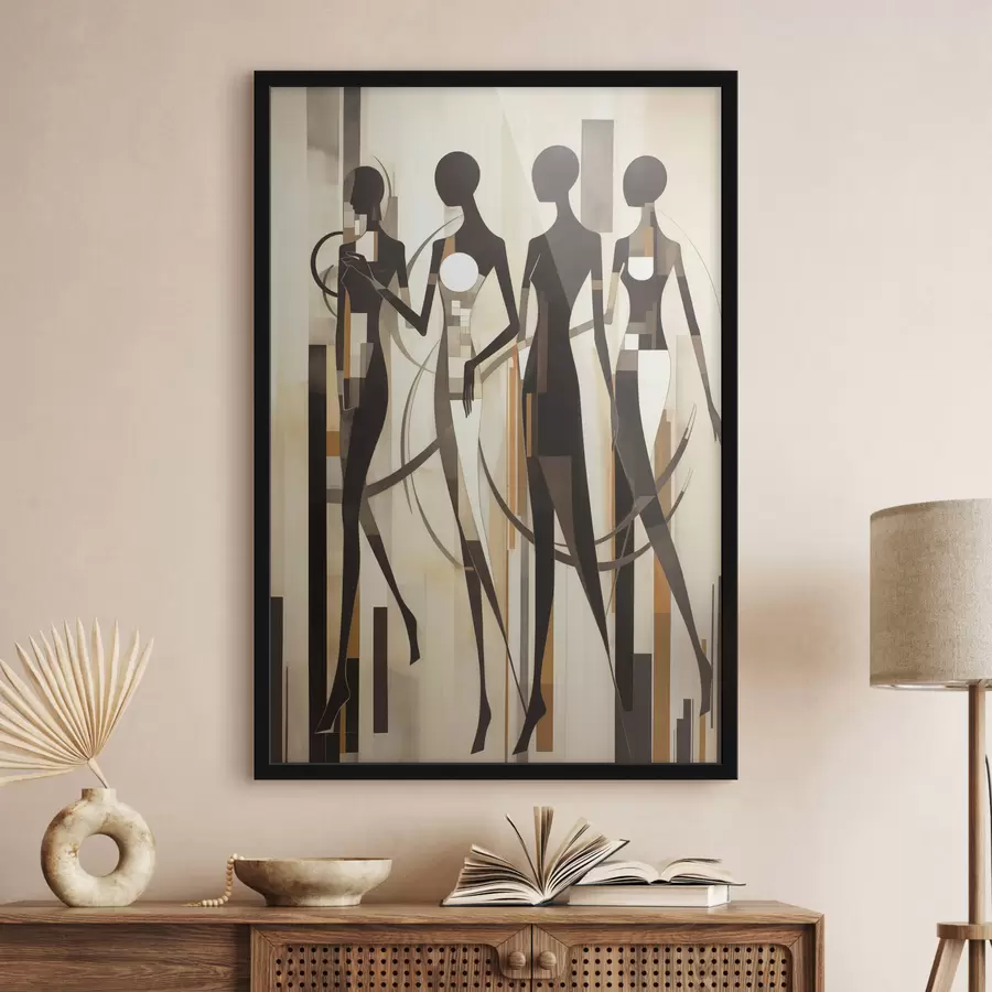 Papier peint Figures féminines stylisées avec des éléments géométriques sur un fond abstrait de lignes verticales f47423