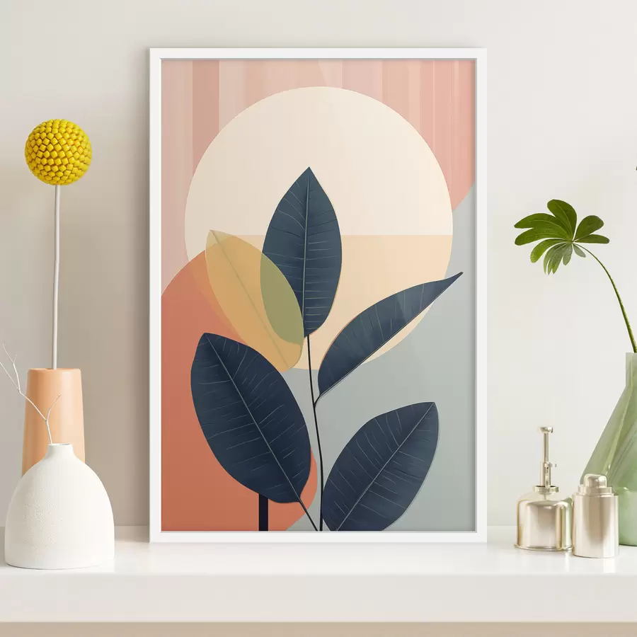 Papier peint Feuilles sombres sur fond de formes abstraites dans les tons pêche et gris, avec un grand cercle jaune pâle. f47424