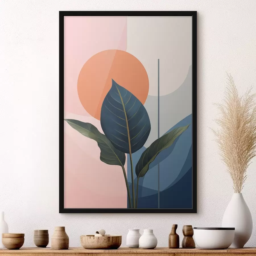 Papier peint Feuilles sombres sur fond de formes abstraites dans les tons pêche et gris avec un cercle orange f47425