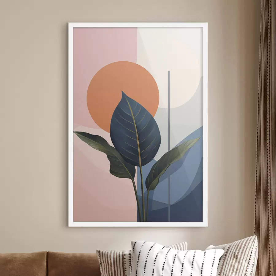 Papier peint Feuilles sombres sur fond de formes abstraites dans les tons pêche et gris avec un cercle orange f47425