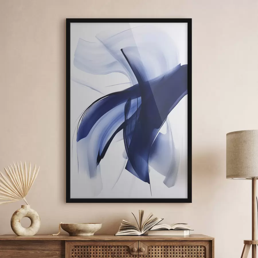Papier peint Formes abstraites bleues ressemblant à des coups de pinceau, avec des lignes et des courbes fluides sur fond blanc, art moderne. f47429