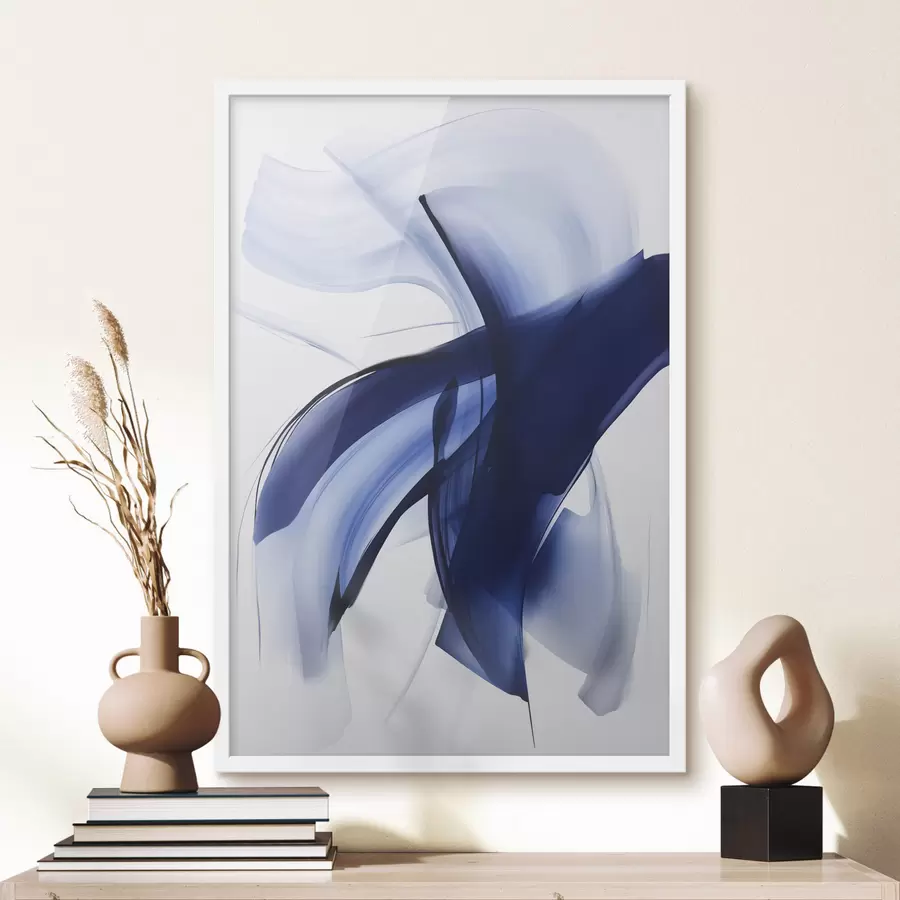 Papier peint Formes abstraites bleues ressemblant à des coups de pinceau, avec des lignes et des courbes fluides sur fond blanc, art moderne. f47429